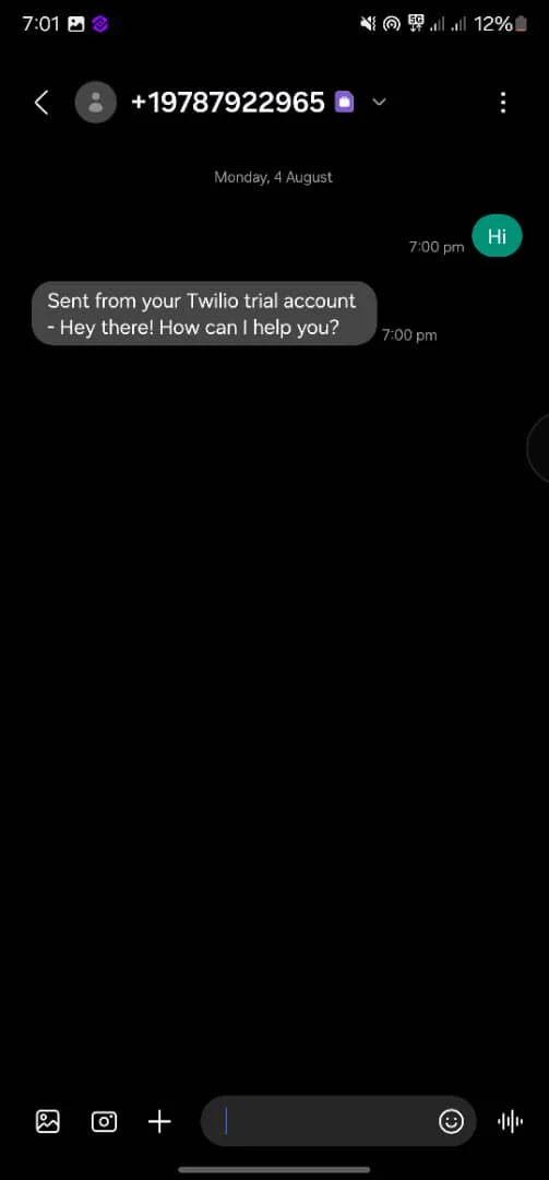 Sending SMS from phone to Twilio number
