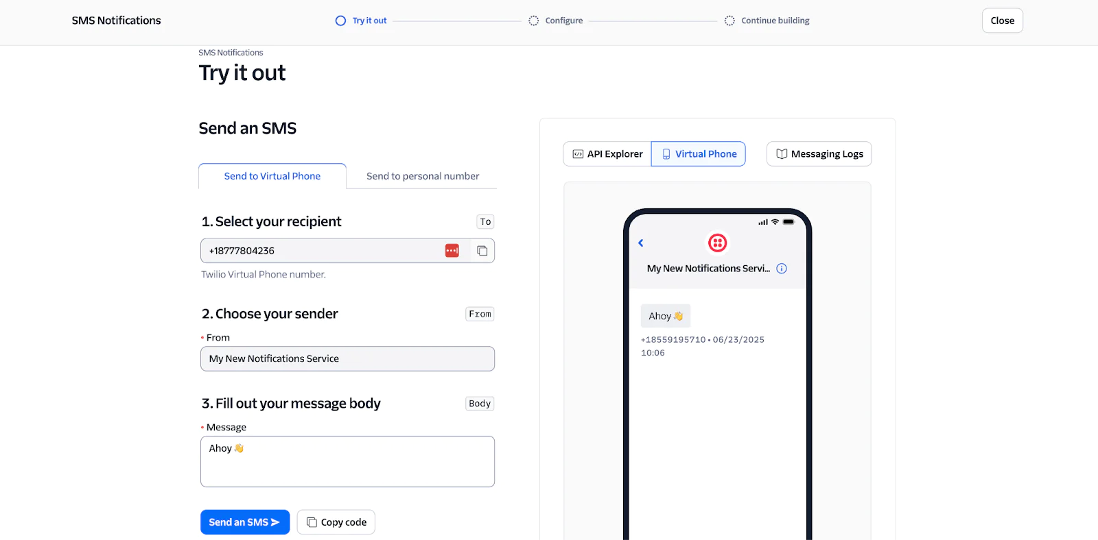 Interface for sending an SMS with options to select recipient, sender, and message content.