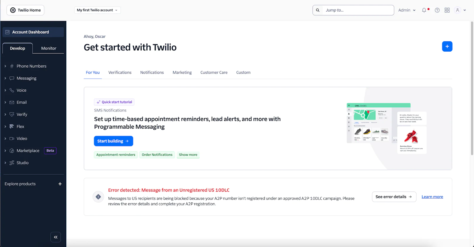 Screenshot of Twilio dashboard showing SMS notifications setup and error detection message.