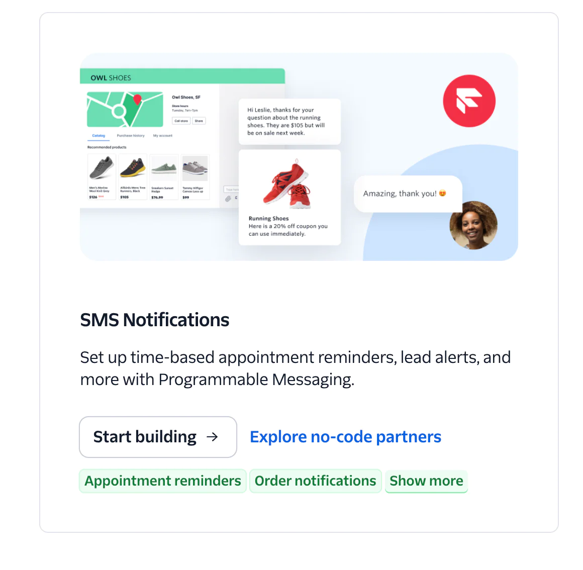 Interface showing shoe products, customer interaction, and options for SMS notifications and no-code partners.