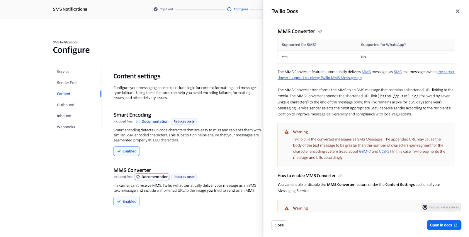 Twilio SMS Notifications configuration settings with options for content, smart encoding, and MMS converter.