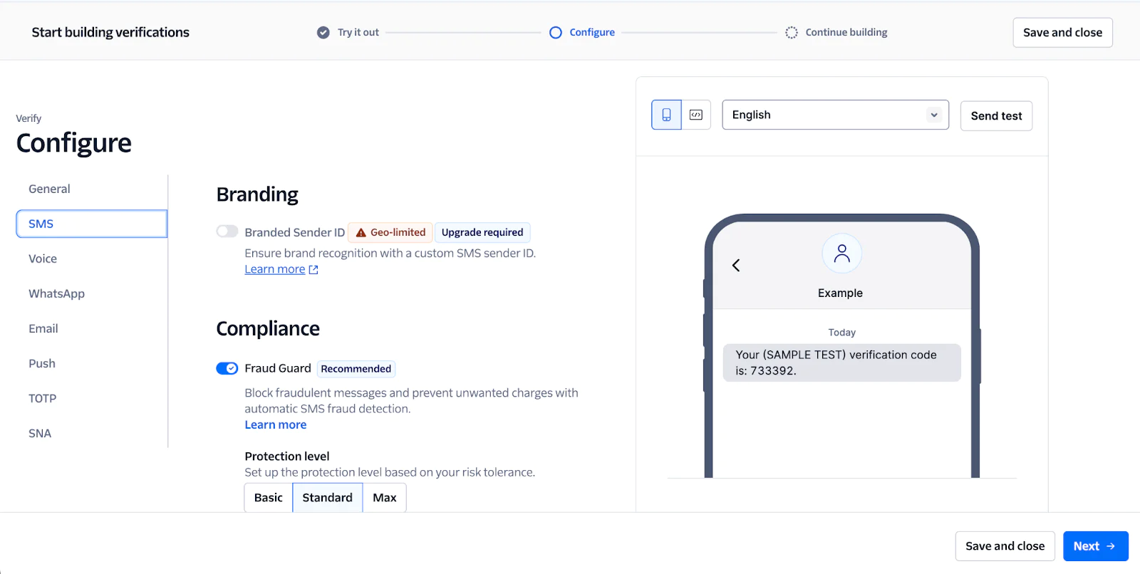 Configuration screen for SMS verification in a verification setup application.