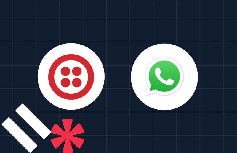 Red Twilio logo and green WhatsApp logo on a dark grid background.