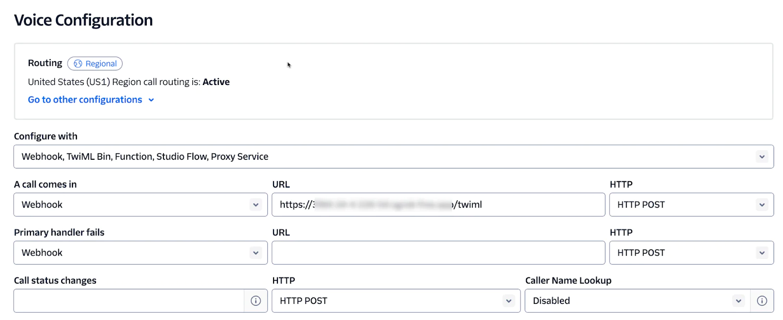 Twilio Voice Configuration screen showing settings for call routing using Webhooks and HTTP methods. Twilio Voice Configuration screen showing settings for call routing using Webhooks and HTTP methods.