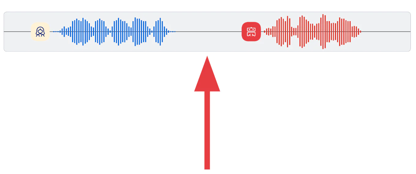 Blue and red audio waveforms with a red arrow pointing to the middle Blue and red audio waveforms with a red arrow pointing to the middle