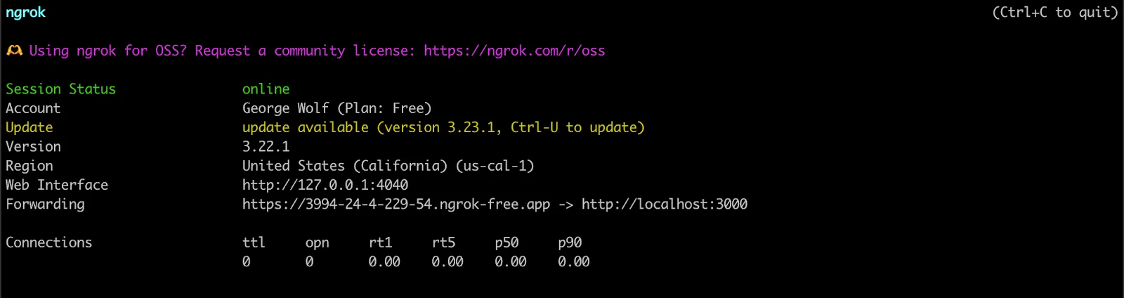 Screenshot showing Ngrok's session status, account info, and connection details with update information. Screenshot showing Ngrok's session status, account info, and connection details with update information.