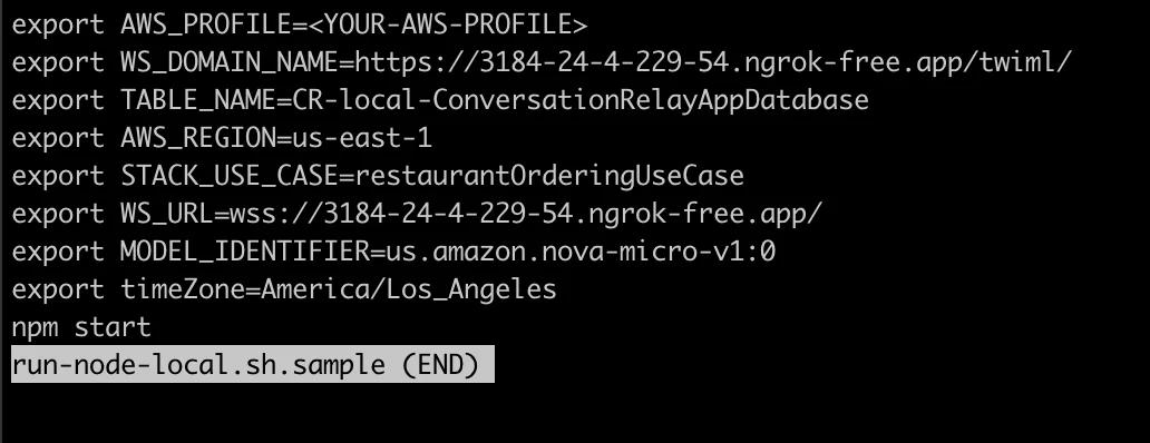 Screenshot of a bash script configuring AWS settings and starting a local Node.js application. Screenshot of a bash script configuring AWS settings and starting a local Node.js application.