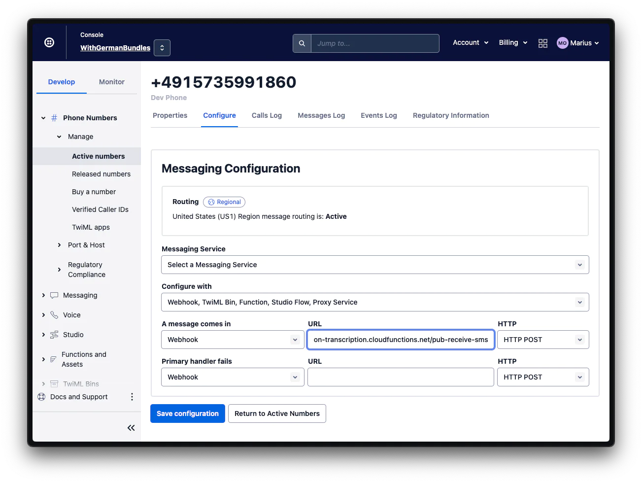 Twilio console to register webhook with number