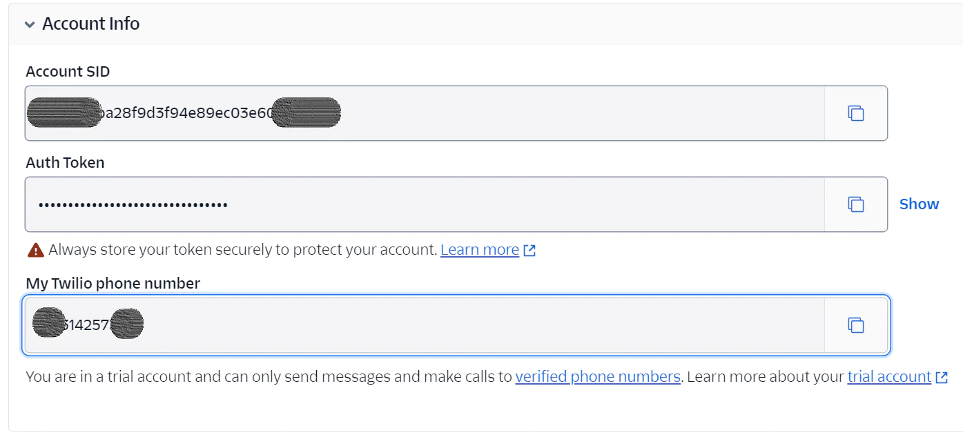 Screenshot of Twilio account info showing account SID, masked auth token, and phone number.