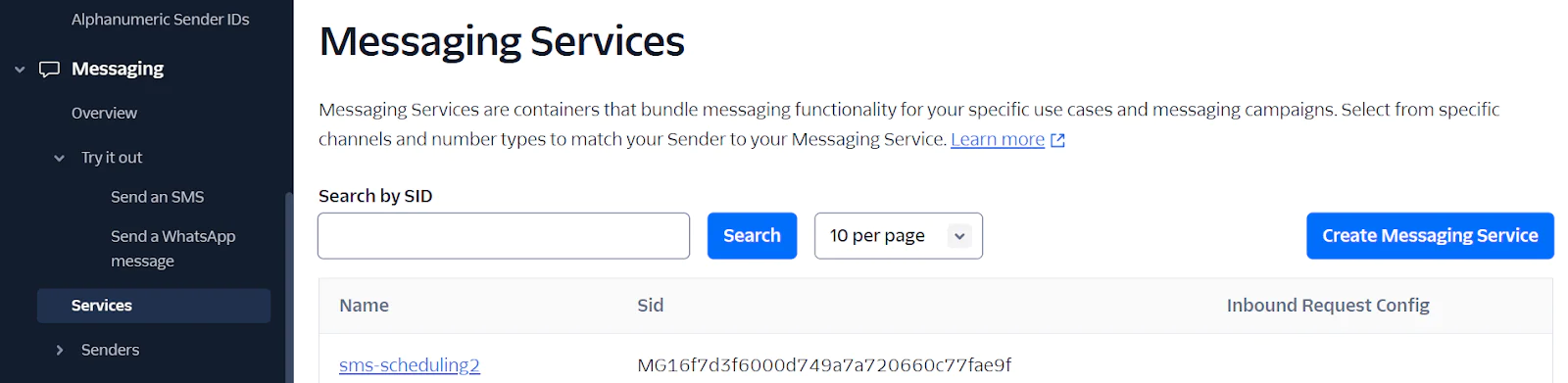 Screenshot of a messaging services dashboard with search and create messaging service options.