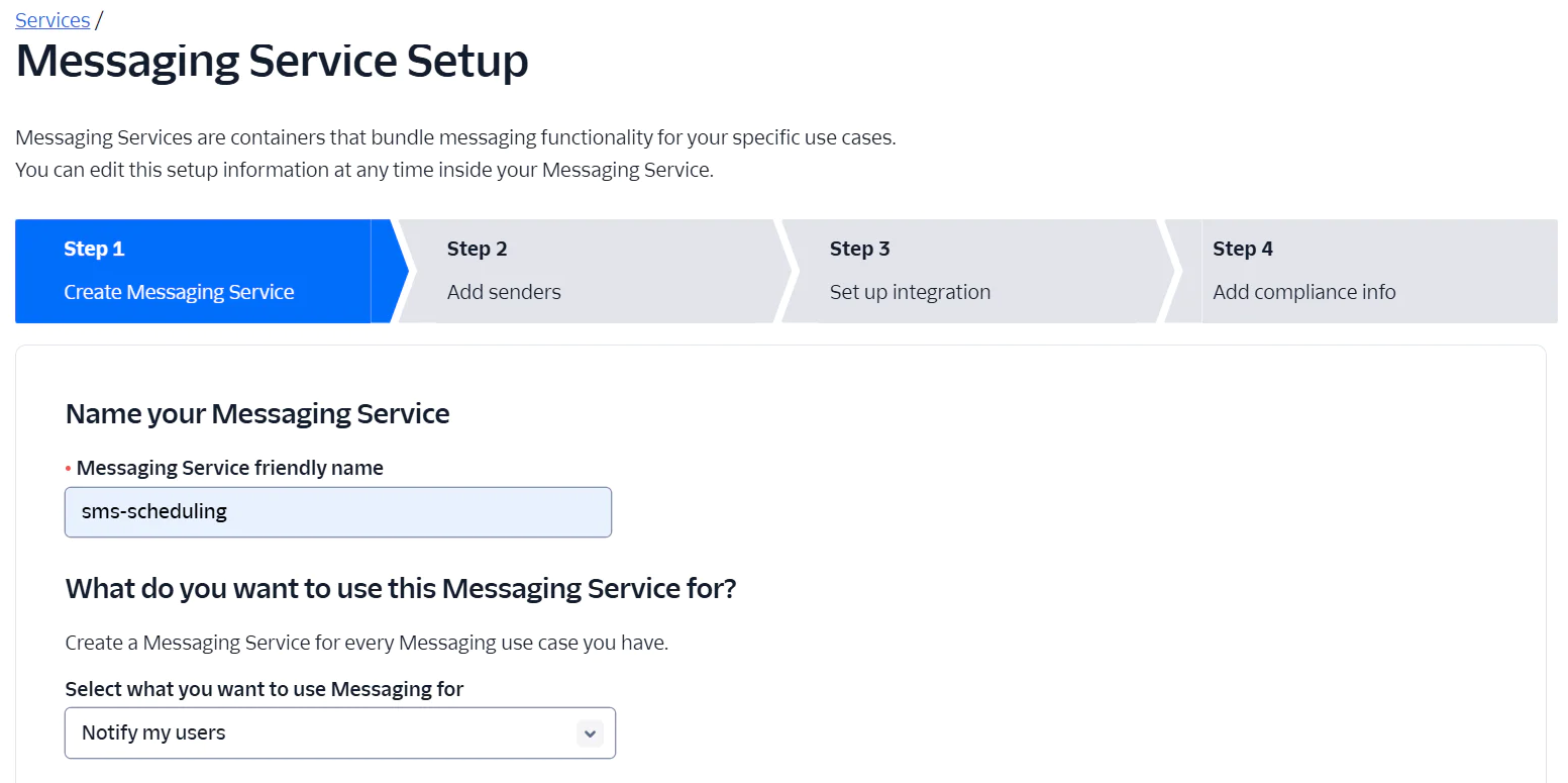 Screenshot of the Messaging Service Setup interface step 1 to create a new messaging service.