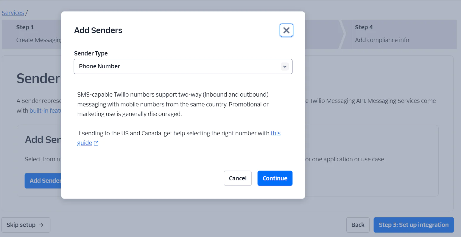 Screenshot of Twilio interface for adding senders by phone number with step-by-step guide.