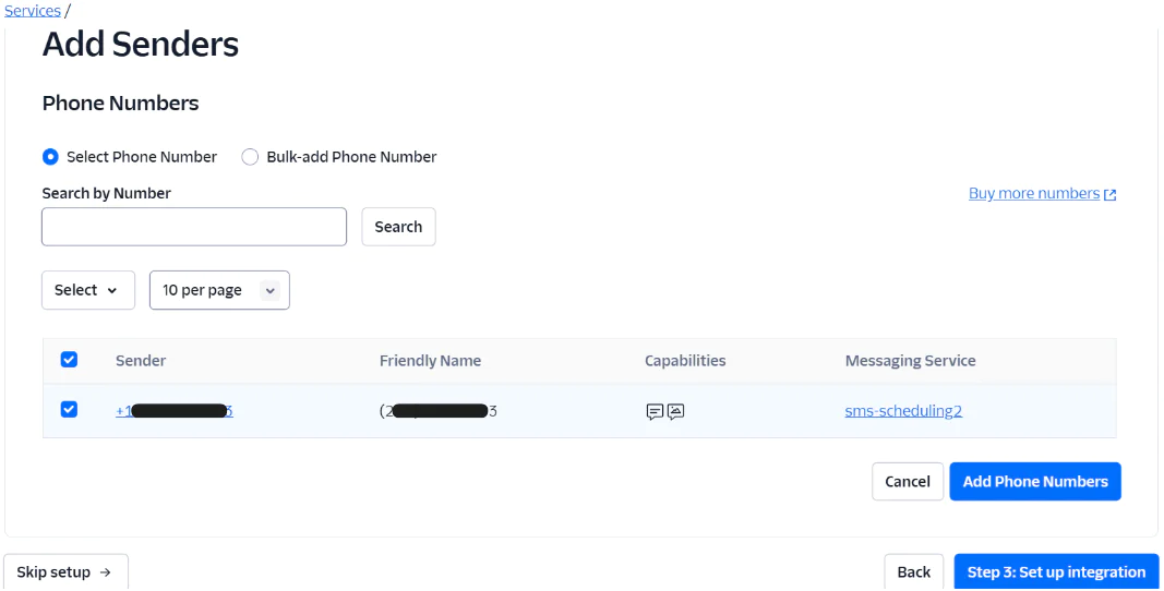 Interface for adding senders' phone numbers, showing a phone number, capabilities, and messaging service selection.