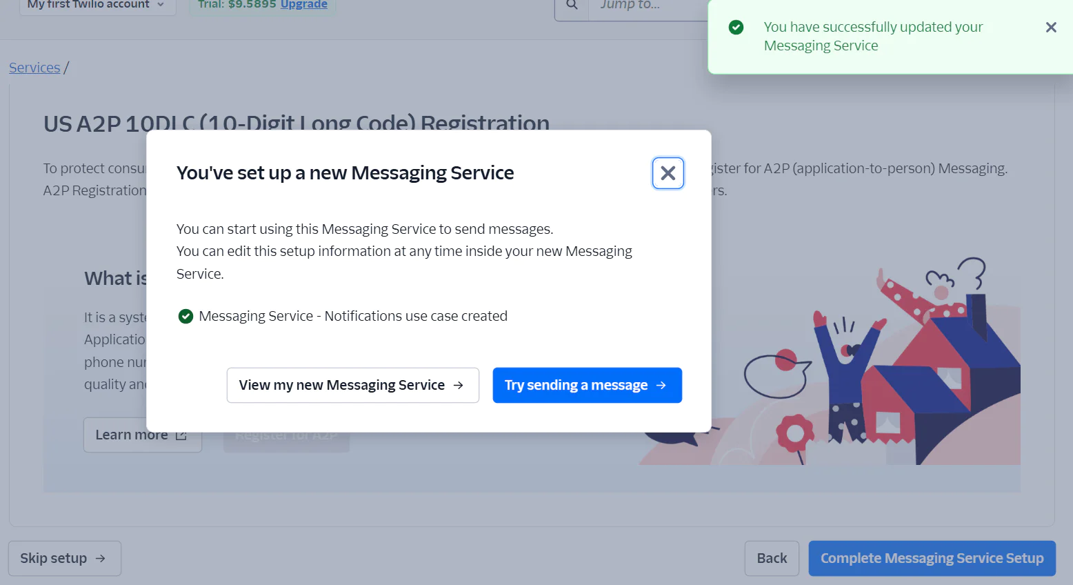 Twilio interface showing confirmation of setting up a new messaging service with options for viewing and sending a message.
