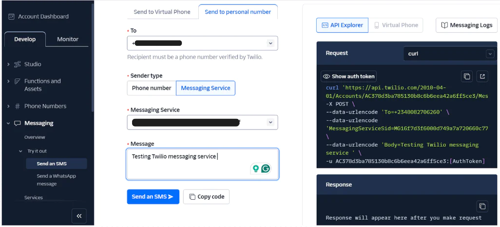 Screenshot of Twilio dashboard showing SMS messaging service setup and API request code snippet.