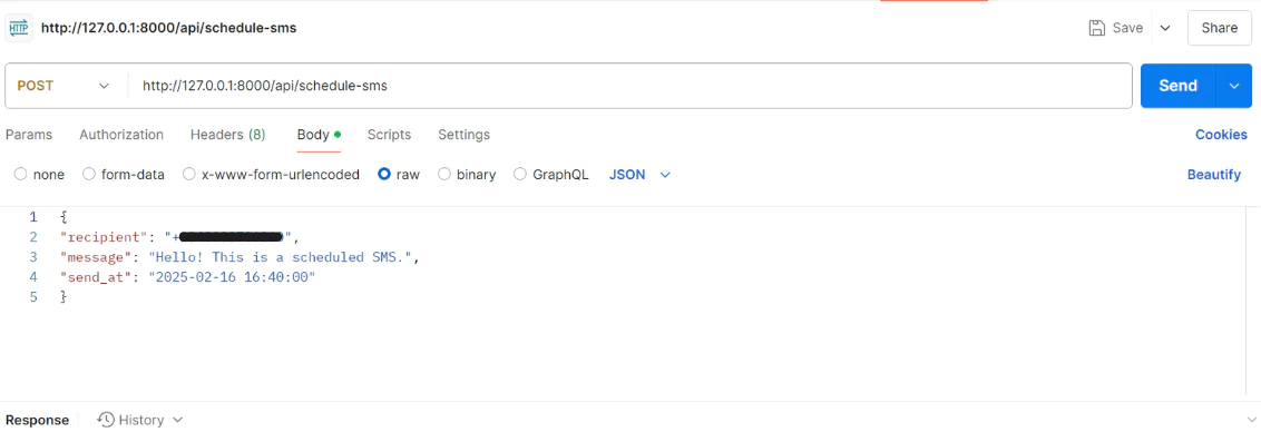Post request to schedule an SMS with recipient, message, and send_at parameters in JSON format.