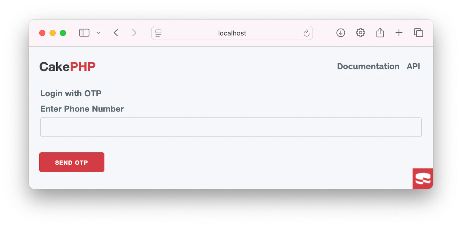 Login screen for CakePHP with a field to enter a phone number and a Send OTP button.