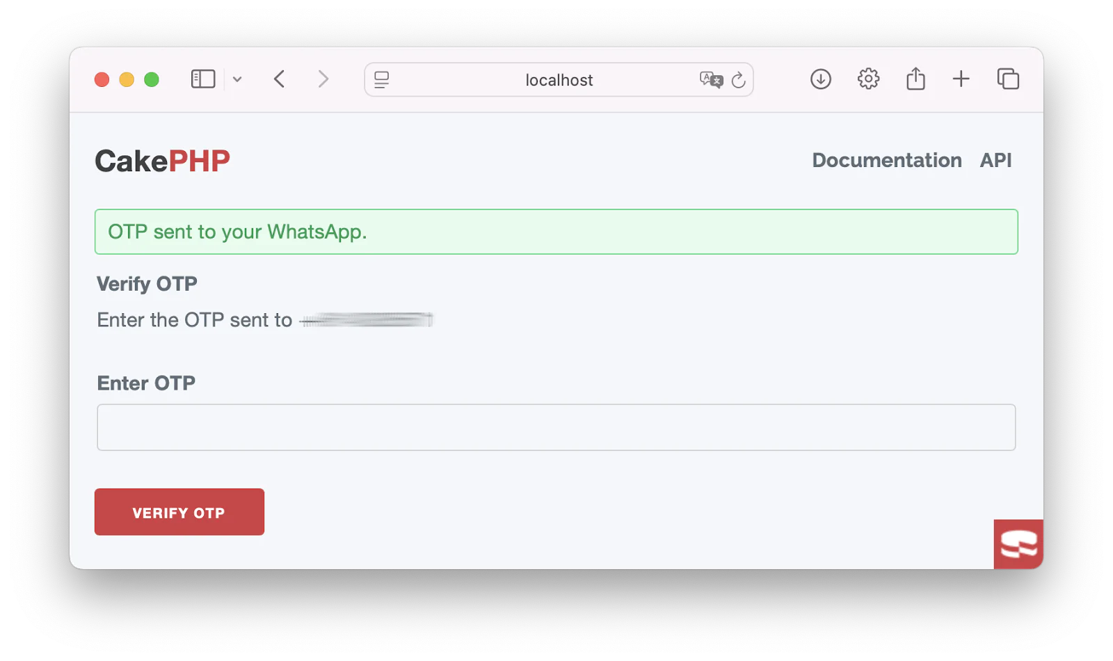 OTP verification interface for CakePHP displaying fields to enter and verify OTP sent via WhatsApp.