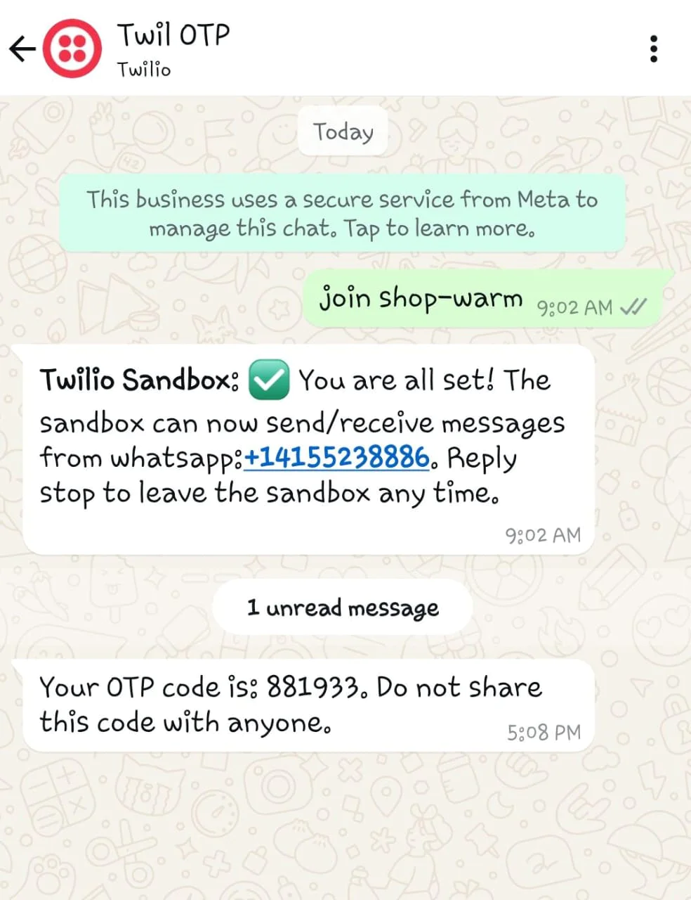 Messaging app showing Twilio OTP code and sandbox message, with secure service notice from Meta.