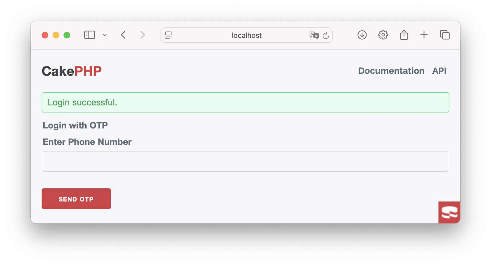 Screenshot of a CakePHP page showing a successful login message and a prompt to login with OTP by entering the phone number.