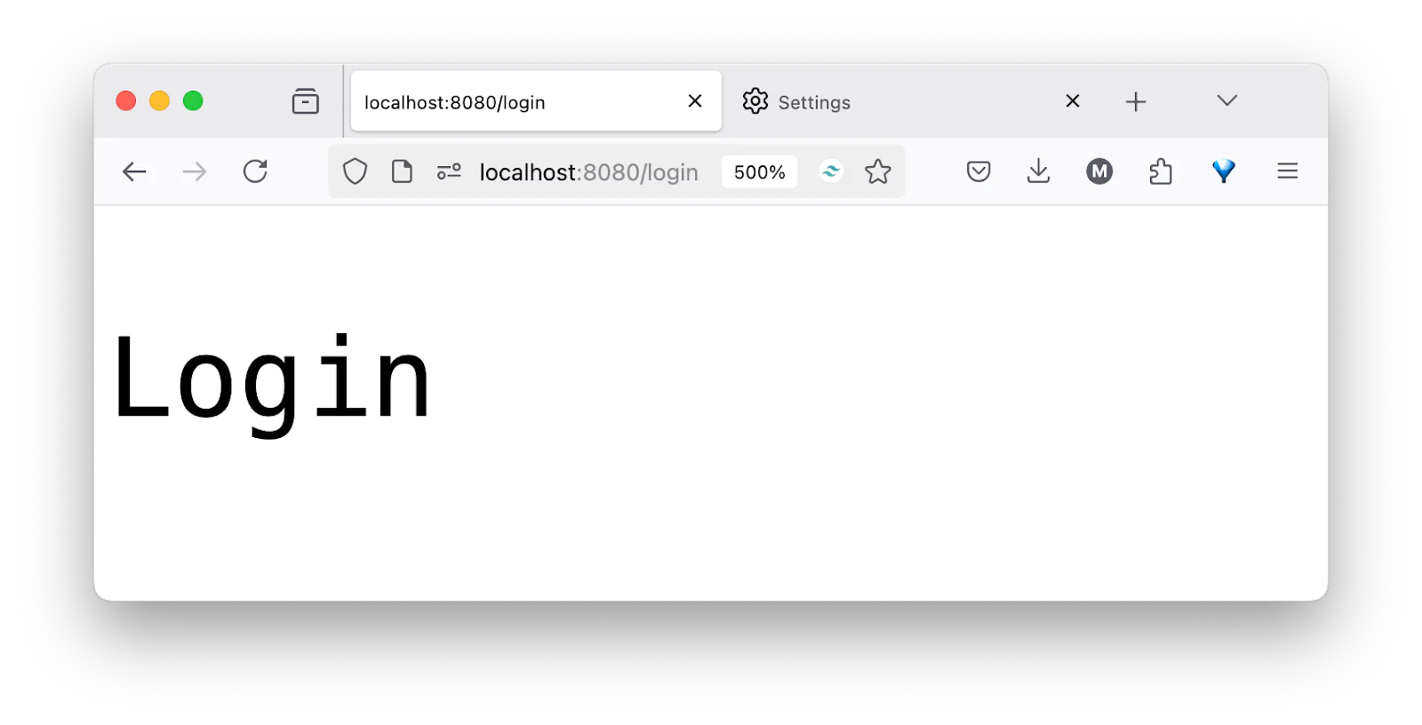 Browser window open to localhost login page with the word Login displayed. The login route of the application, completely unstyled.