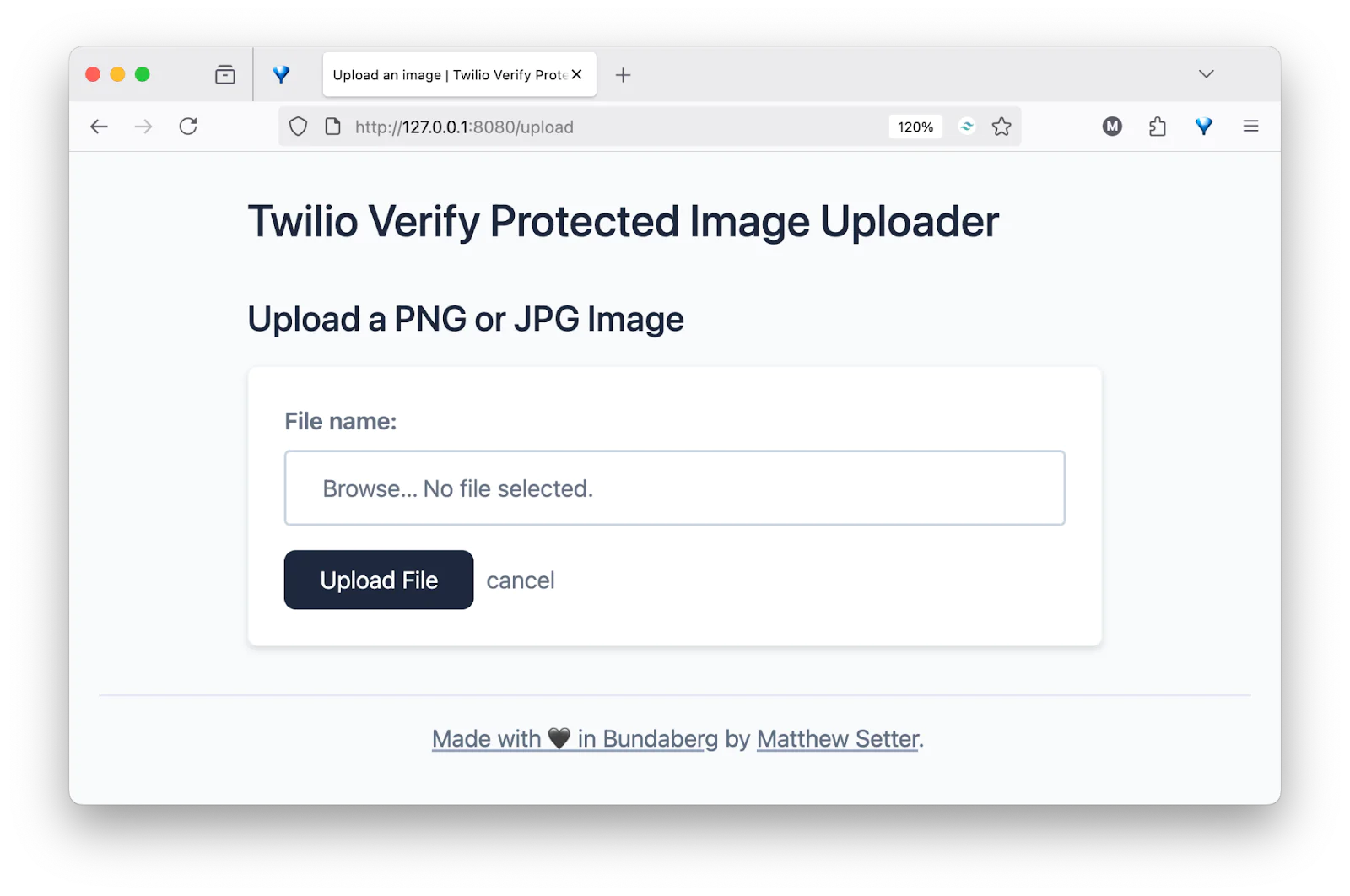 User interface for Twilio Verify Protected Image Uploader with file selection and upload options. User interface for Twilio Verify Protected Image Uploader with file selection and upload options.
