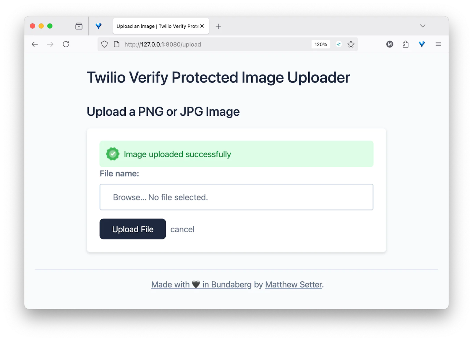 Confirmation message of successful image upload on Twilio Verify Protected Image Uploader. Confirmation message of successful image upload on Twilio Verify Protected Image Uploader.