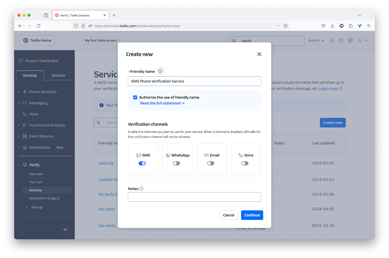 Twilio interface showing the creation of a new SMS phone verification service with various verification channels. The Create New Verify Service form in the Twilio Console with a Friendly name supplied and the Verification channel set to SMS