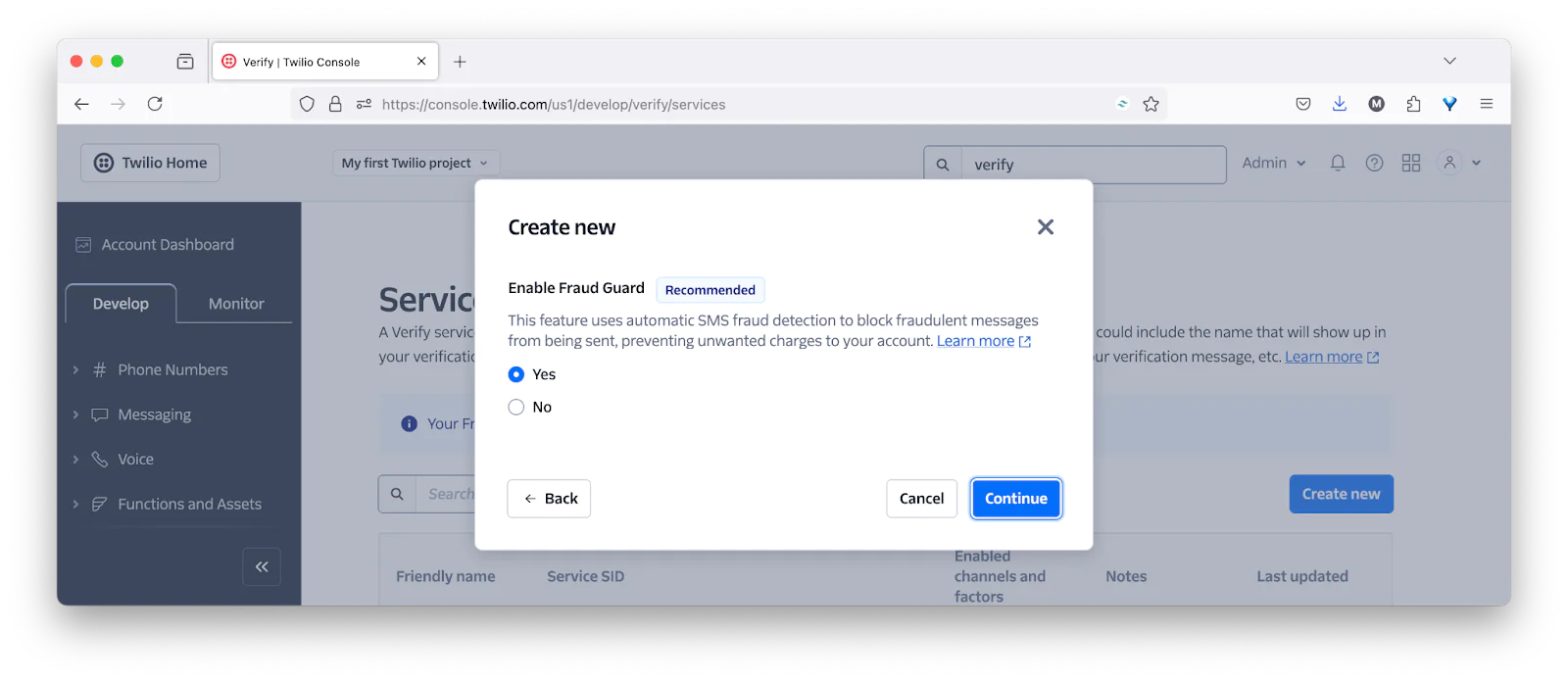 Twilio console displayed on a browser, showing a prompt to enable SMS Fraud Guard detection for a project. The Enable Fraud Guard section of the Create New Verify Service process in the Twilio Console with "Enable Fraud Guard" set to "Yes"
