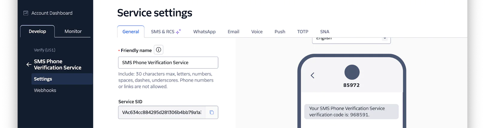 Interface of service settings for SMS phone verification with options for General, SMS, and other services. The settings form for a Verify Service. The General tab is active and the Friendly name and Service's SID are both visible