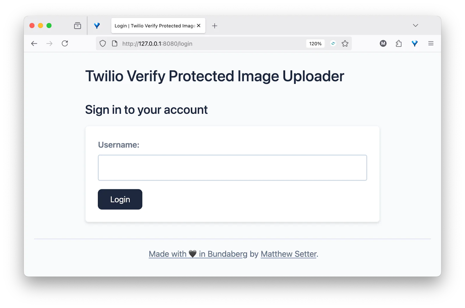 Login page for Twilio Verify Protected Image Uploader with fields for username and password. Login page for Twilio Verify Protected Image Uploader with fields for username and password.