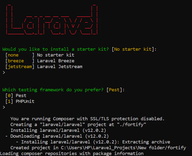Screenshot of Laravel CLI asking to install a starter kit and choose a testing framework Screenshot of Laravel CLI asking to install a starter kit and choose a testing framework