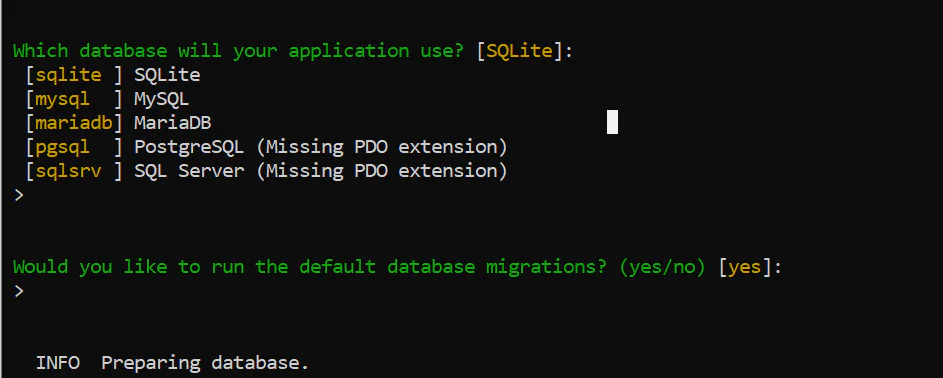 Command-line interface displaying options to choose a database and run default migrations. Command-line interface displaying options to choose a database and run default migrations.