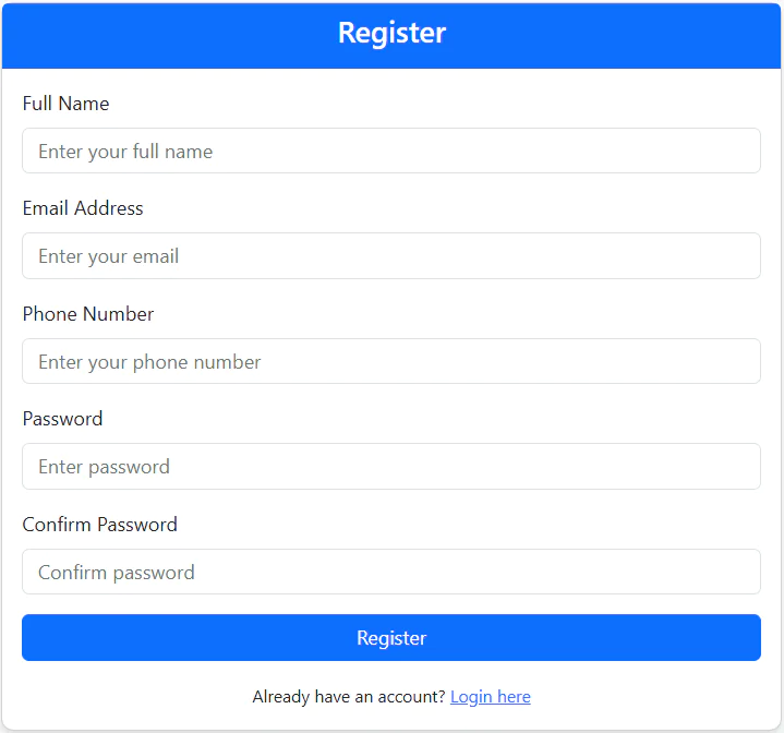 Image of a registration form with fields for full name, email address, phone number, password, and confirm password. Image of a registration form with fields for full name, email address, phone number, password, and confirm password.