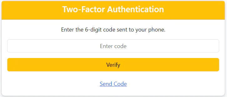 Two-factor authentication screen with a field for entering a code and a verify button. Two-factor authentication screen with a field for entering a code and a verify button.