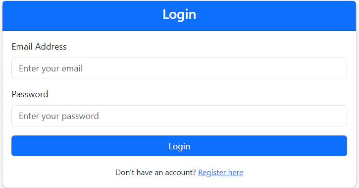 Login screen with fields for email and password and a registration link at the bottom. Login screen with fields for email and password and a registration link at the bottom.
