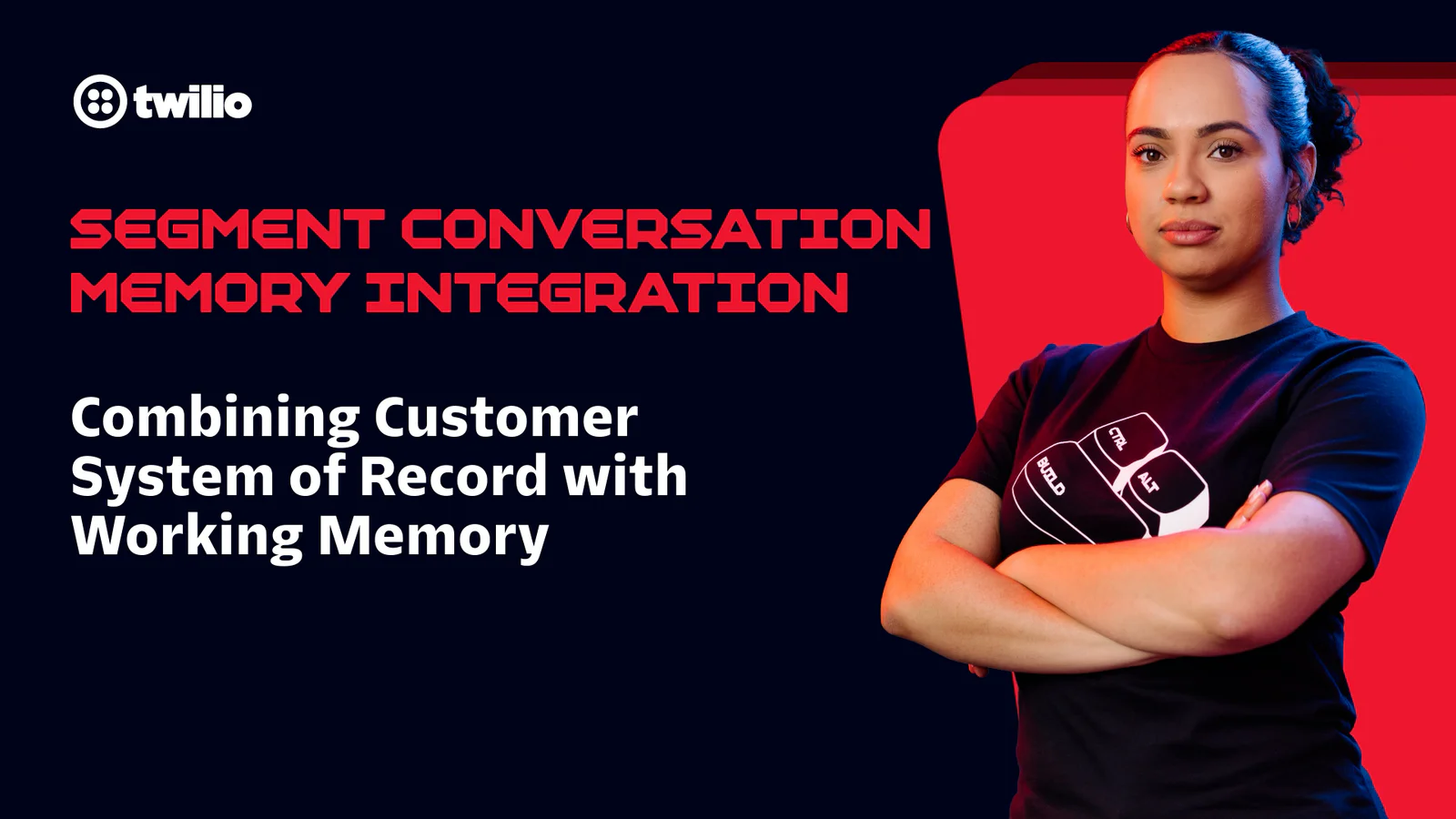 Woman standing with arms crossed next to text discussing customer system integration.