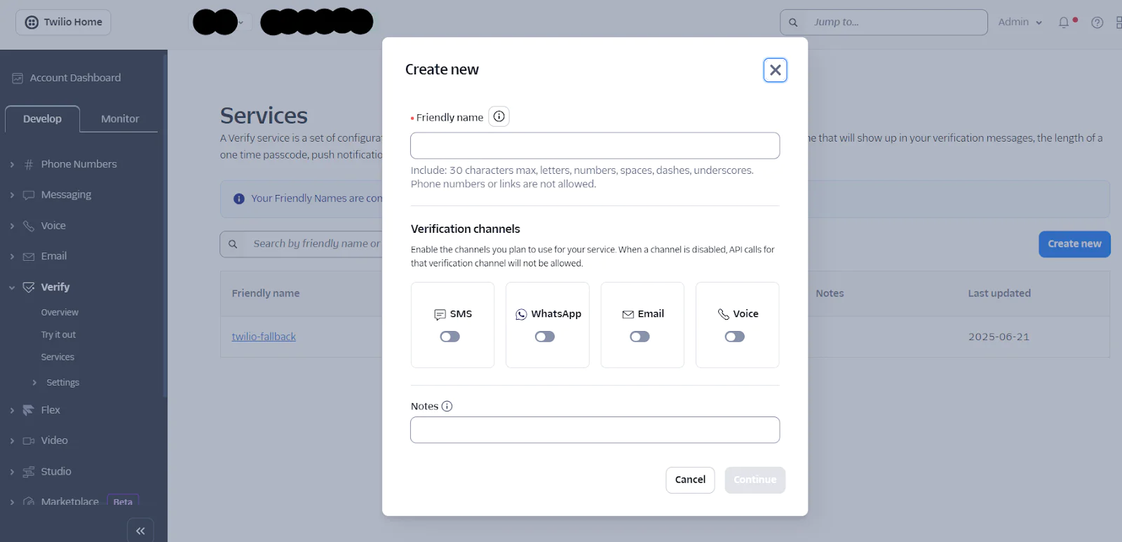 A Twilio interface showing options to create a new service with verification channels such as SMS, WhatsApp, Email, and Voice.