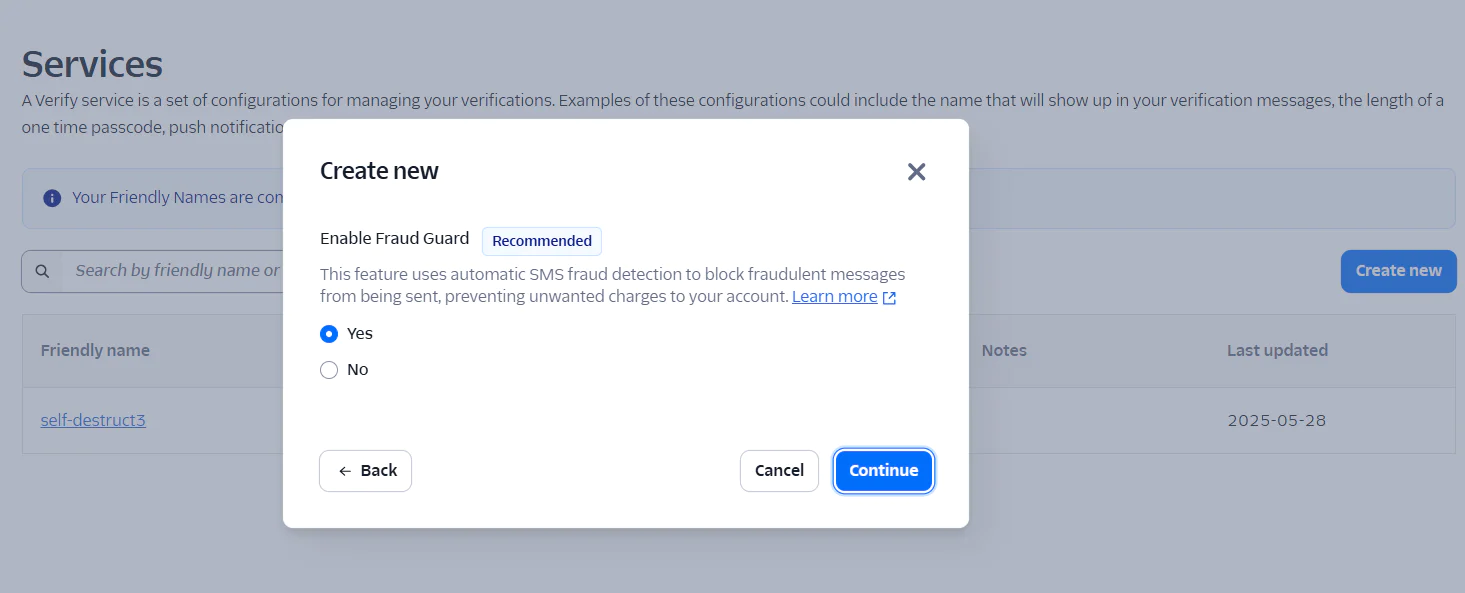 Configuration screen for creating a new verification service, showing the option to enable Fraud Guard.