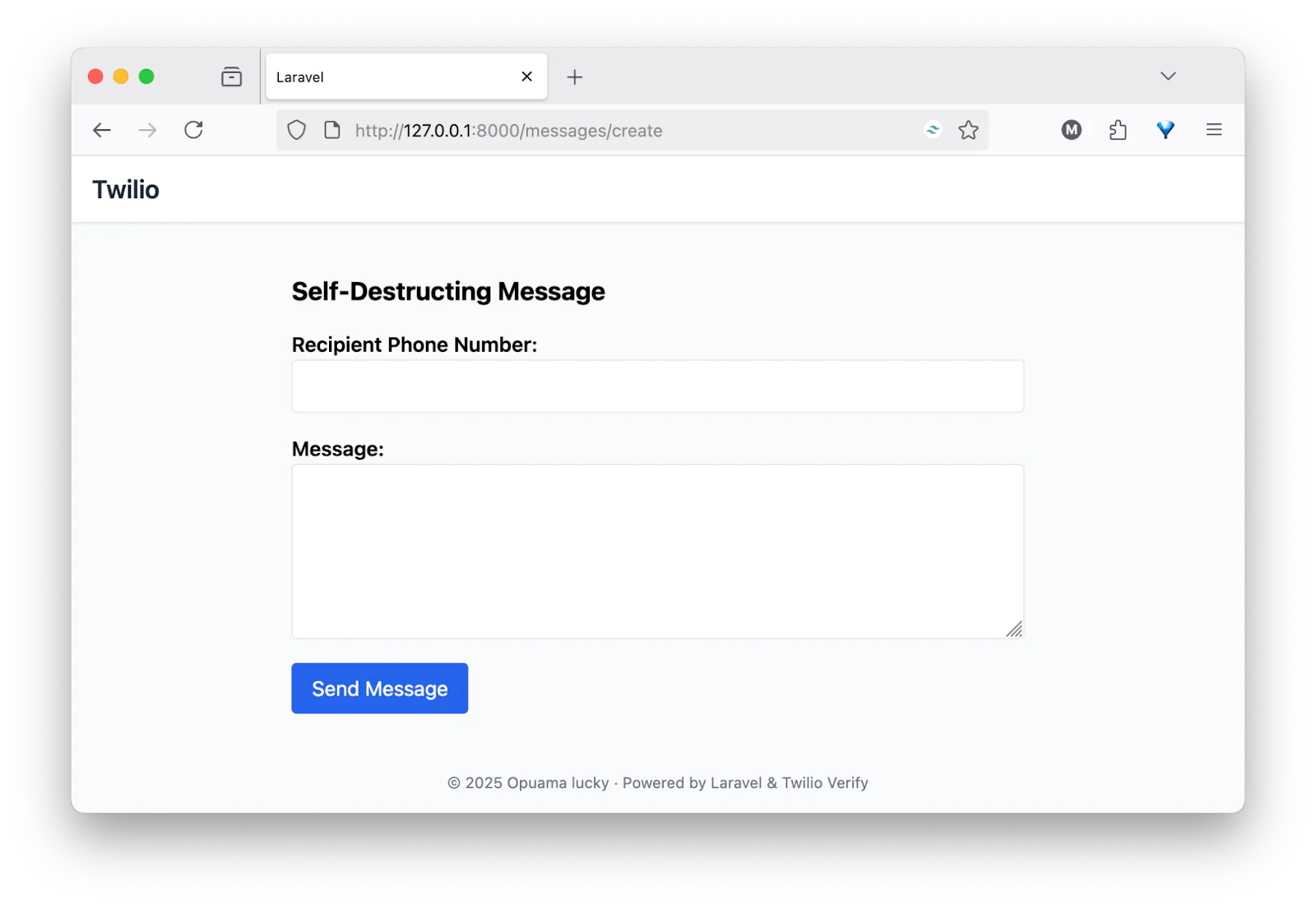 Web interface showing fields to enter recipient phone number and message for a self-destructing message service.
