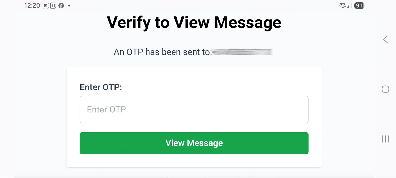 Screen prompting user to enter OTP sent to phone to view message