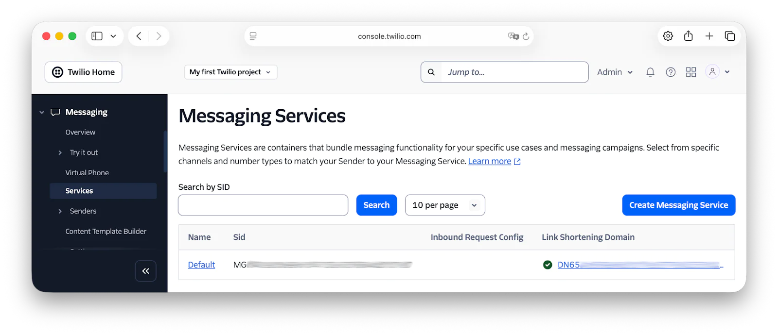 Twilio Messaging Services page with search function and domain settings.