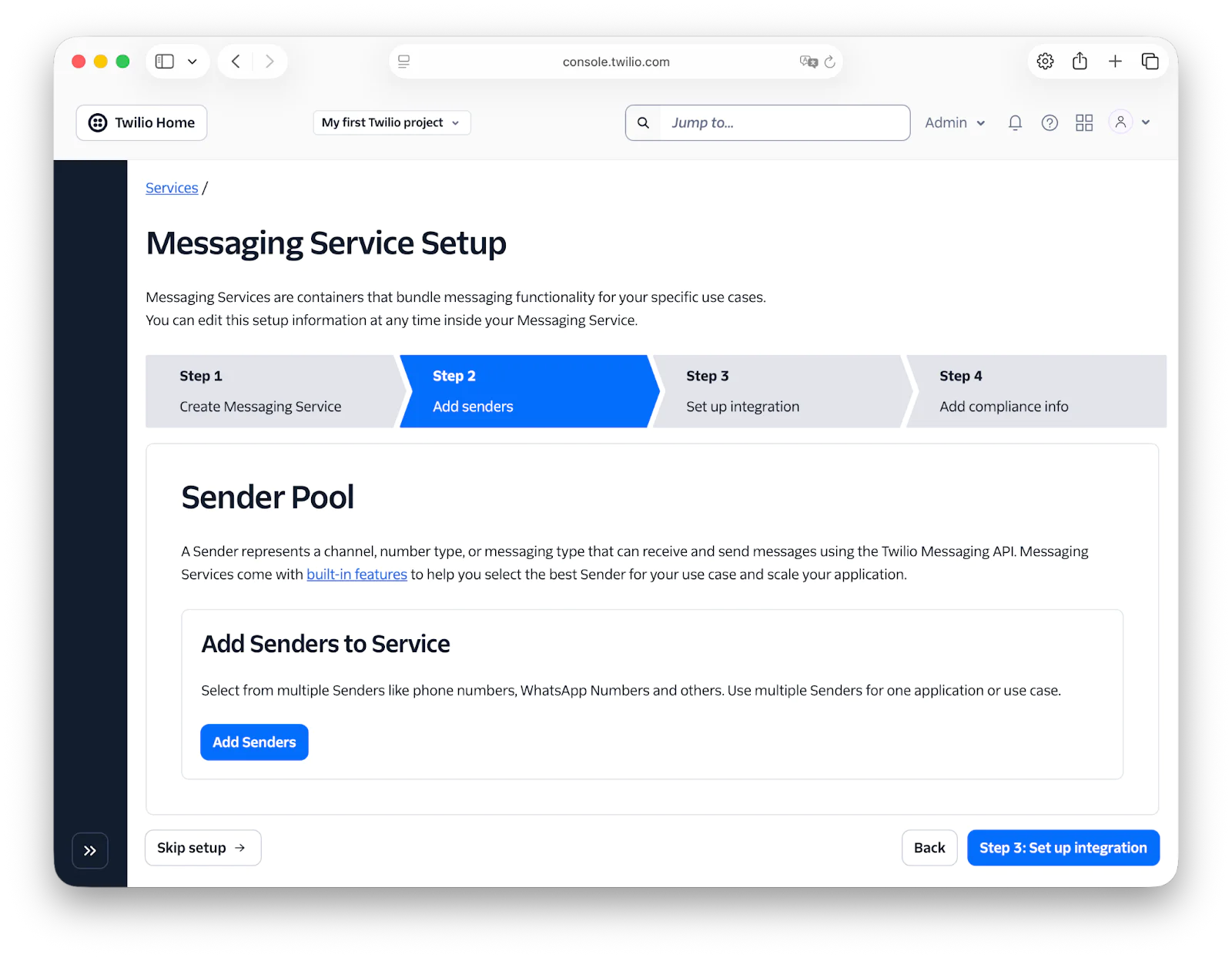 Twilio messaging service setup interface showing steps to add senders, integration, and compliance info.