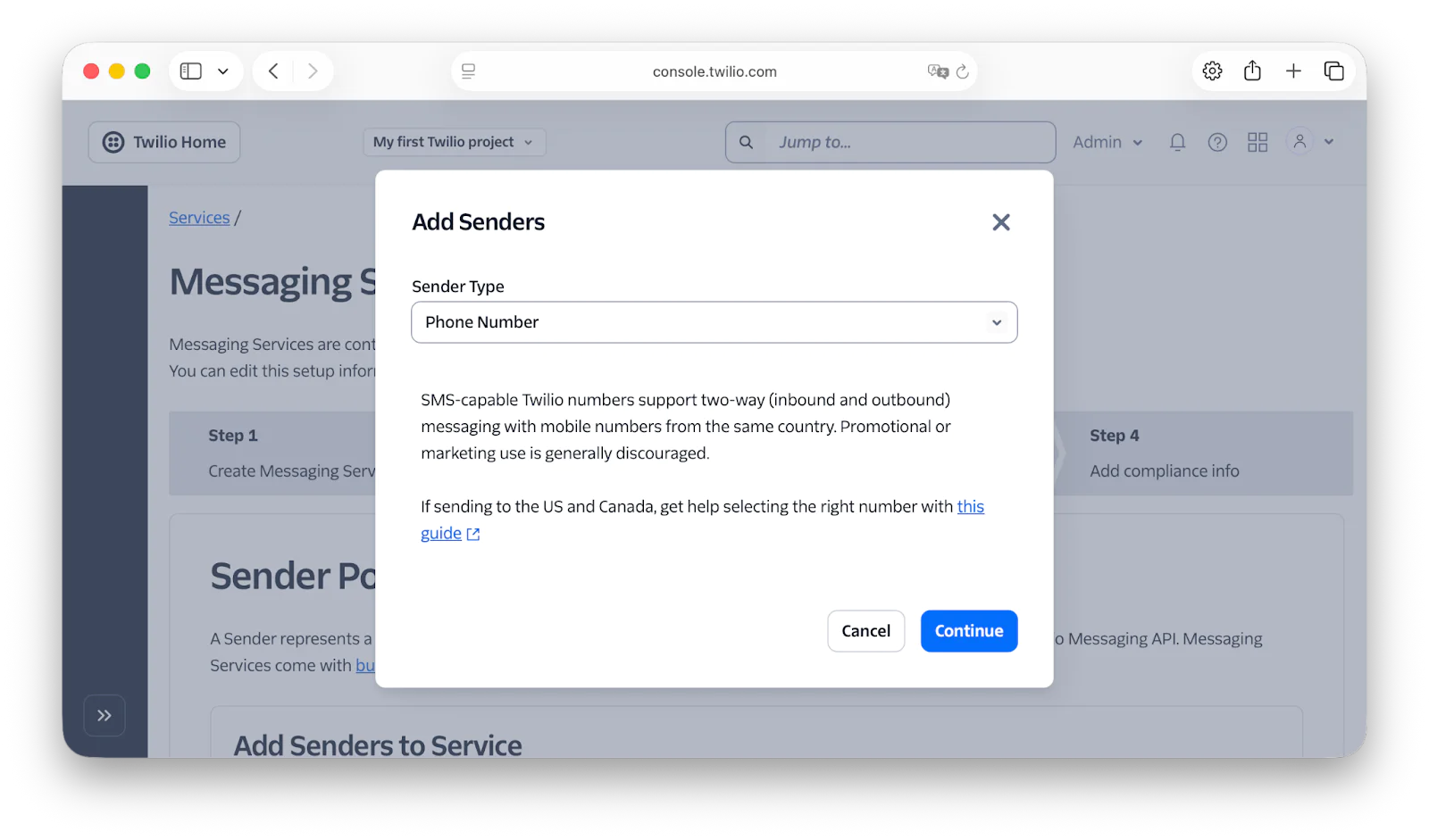 Twilio console showing an 'Add Senders' pop-up, prompting the user to select a phone number sender type.