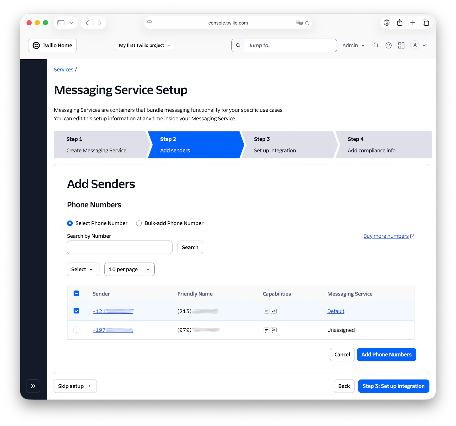 Twilio messaging setup step 3 screen displaying phone number addition interface.