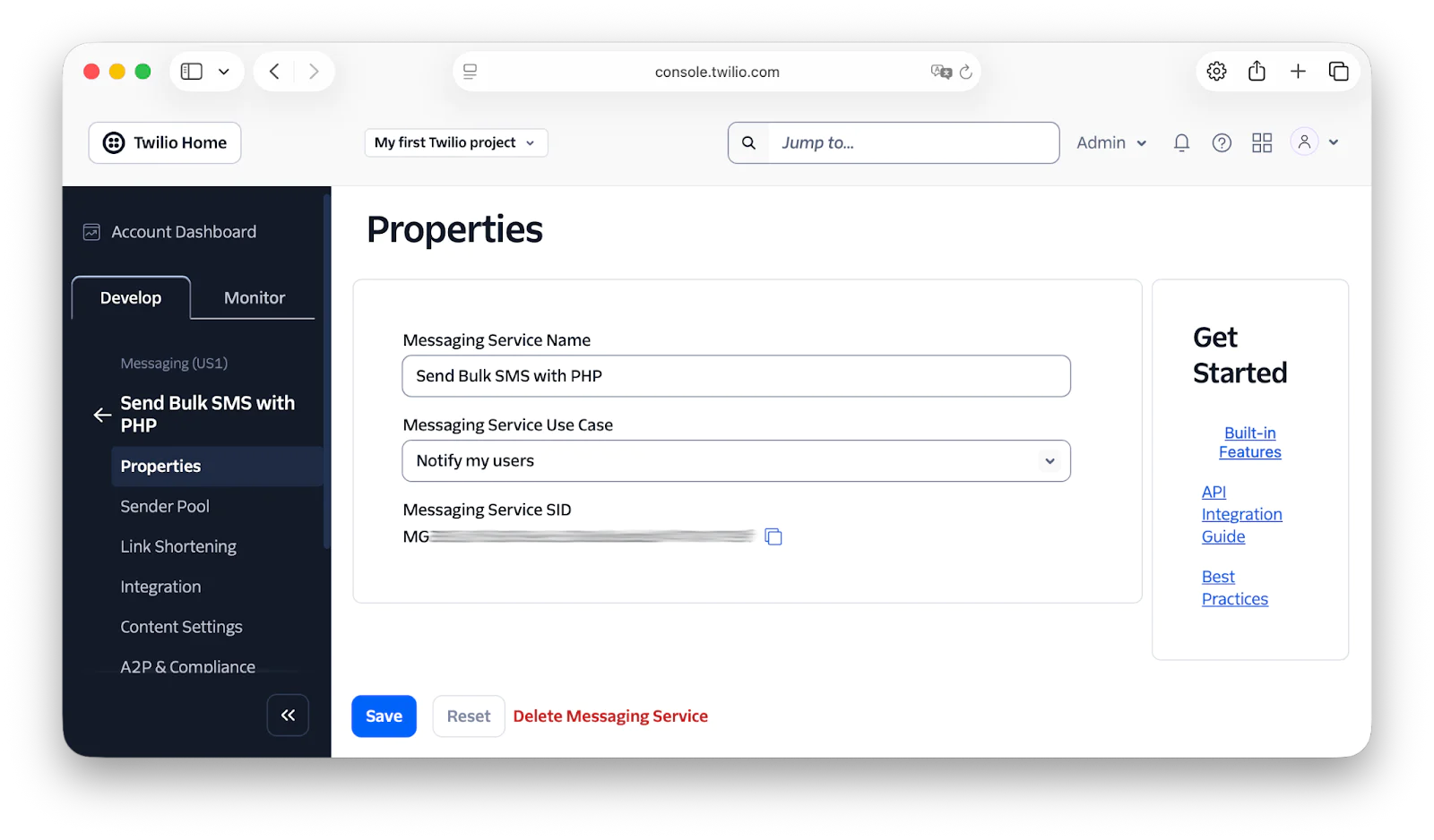 Twilio console showing properties for a messaging service including name, use case, and user notification settings.