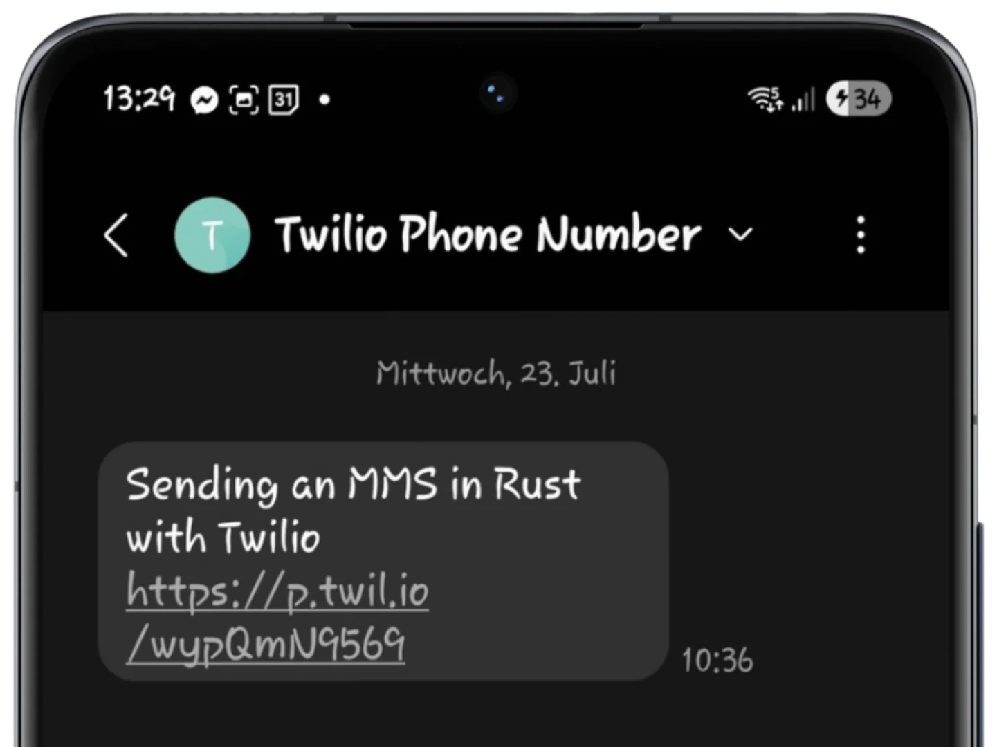 Smartphone showing a text message about sending an MMS in Rust with Twilio with a link included.