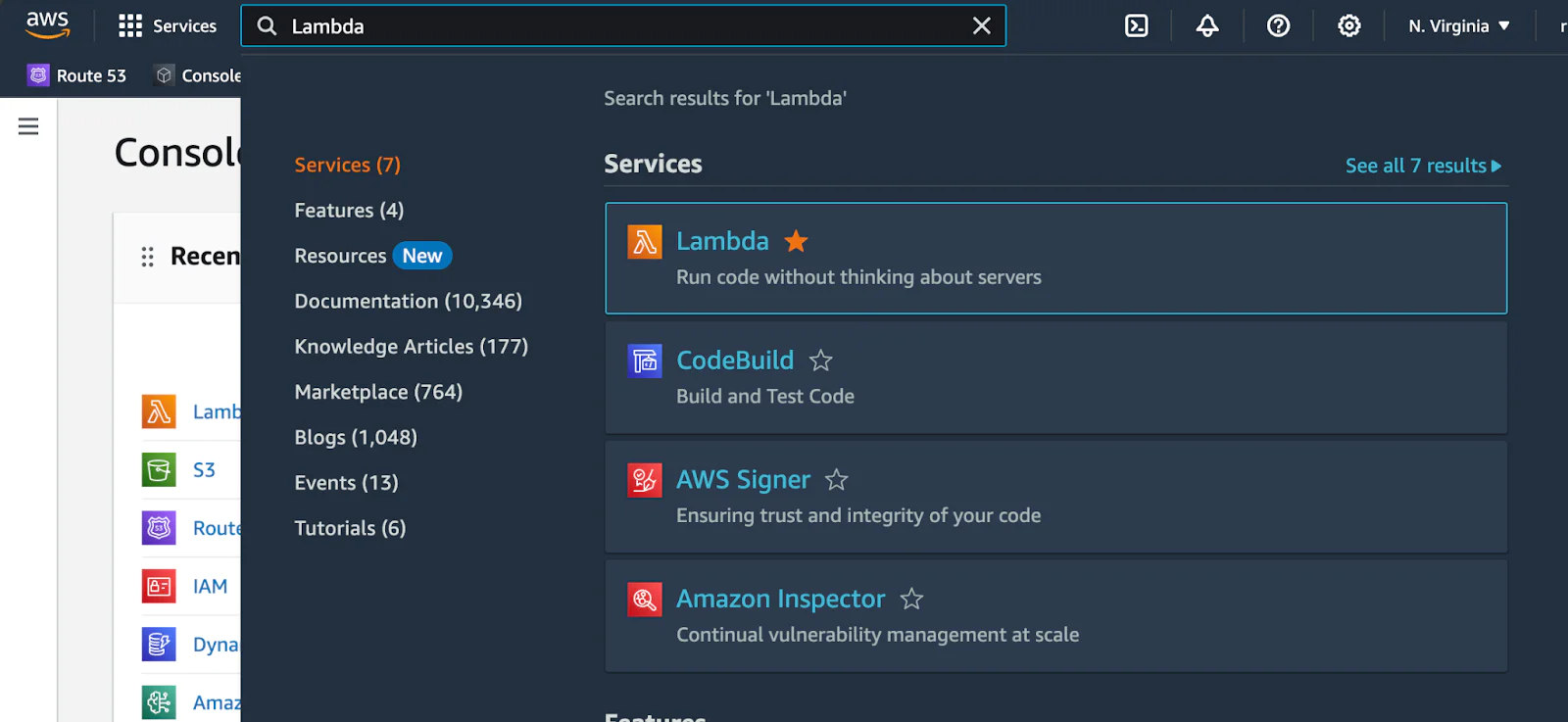 AWS Management Console with Lambda Service in search