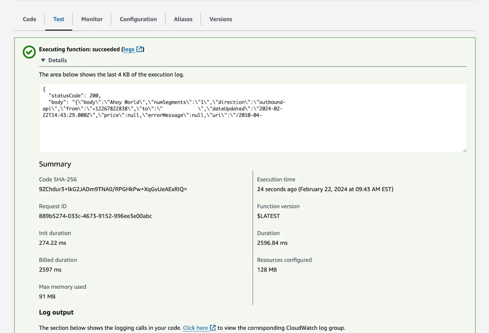 Test Execution succeeded with statusCode of 200. Test Execution succeeded with statusCode of 200.