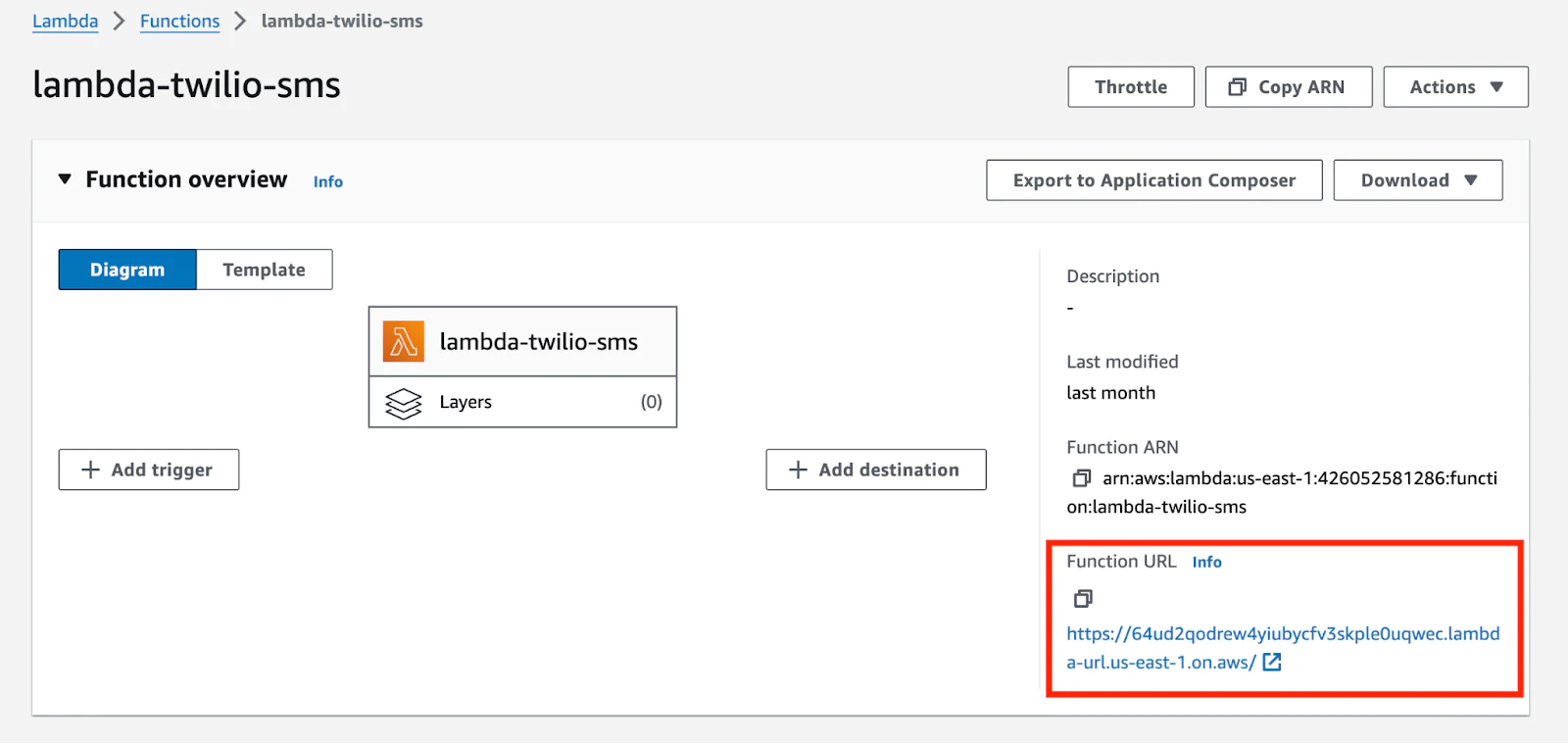 Lambda Function overview screen with Function URL being highlighted.